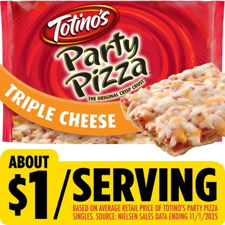Totino's Party Pizza, Triple Cheese, Frozen Pizza, Game Day Football Snacks, 9.8 oz