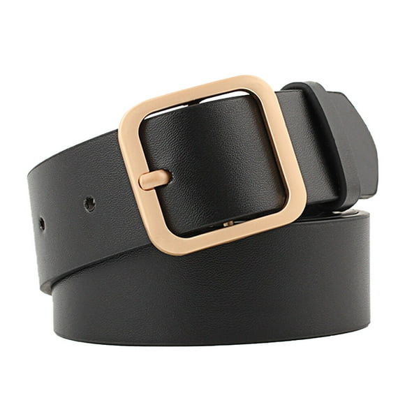 1pc Women Leather Belt Female Fully Adjustable Casual Belt Square Shape Buckle for Women Ladies (110cm Length 3.3cm Width Black Gold)