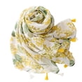 thumbnail image 2 of Bufanda pequeña de lino y algodón con hilo de Bali, sencilla y fresca, para mujer, con estampado de hojas de color amarillo brillante y verde fruta, con borlas, 2 of 6