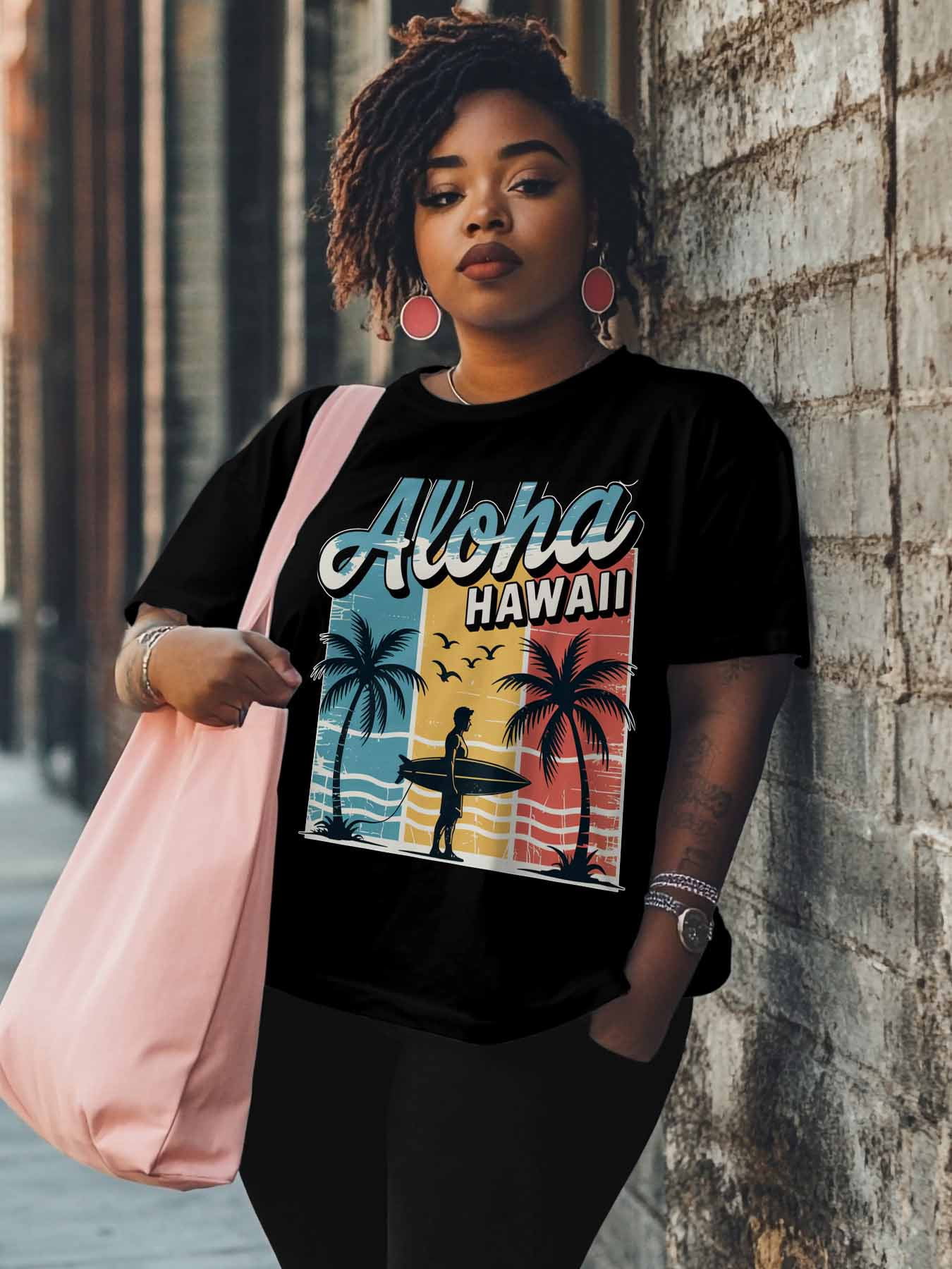 Women's T-Shirt Aloha Hawaii Retro Beach Surfing Vacation Short Sleeve Casual Tee Classic Crew Neck T Shirt for Women Black, M