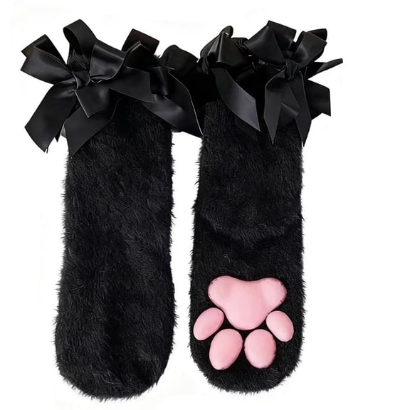 Fuzzy Cute Cat Paw Socks, Cozy 3D Paw Pad Toe Beans Socks for Women(Black)