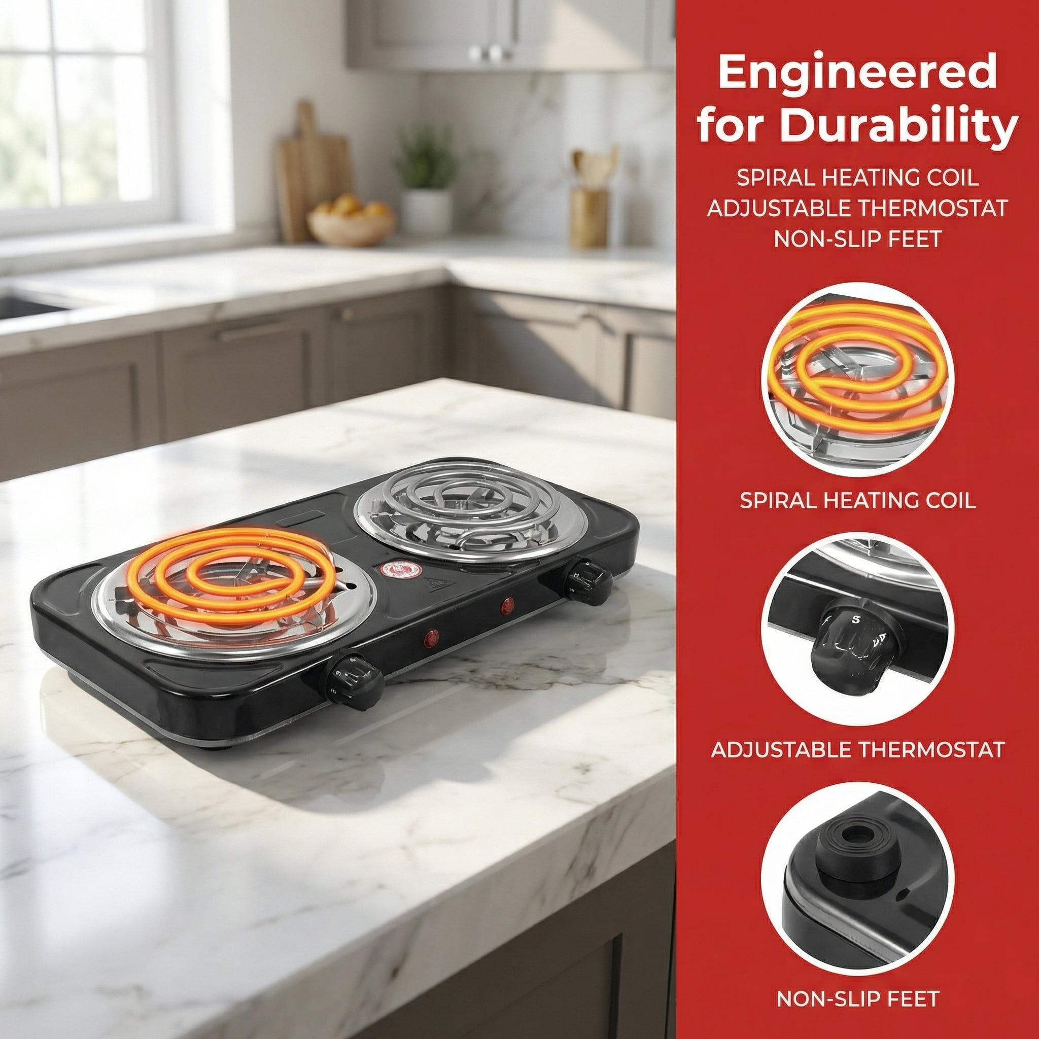 Hot Plate for Cooking,2000W Double Burner, Electric Stove Burner with 5 Levels Temperature Control, Countertop Double Coil Burner Cast Iron Cooktop for All Cookwares Home Camp RV