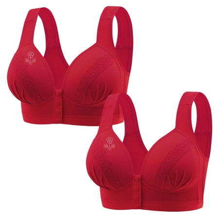 LMKIHUSA Push Up Bras for Older Women 2 PC Bras Sets No Underwire Plus Size Bra Front Closure Bras Everyday Bra Button Front Opening Full Coverage Bra Woman Underwear Red XXL