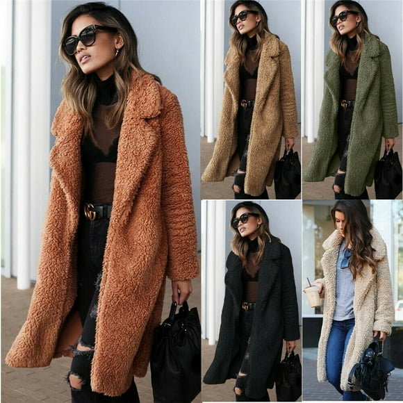 Women Ladies Lapel Teddy Bear Coat Faux Fur Fleece Jacket Overcoat Long Parka