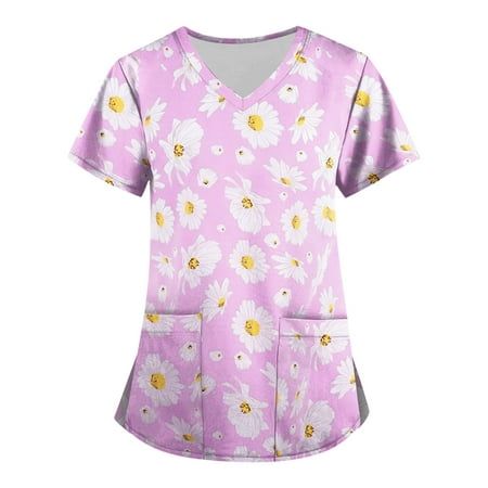

Sksloeg Scrub Top for Women Fashion 2023 V-Neck Flower Printed T-Shirts Short Sleeve Workwear Nurse Uniform Tee with Pockets Light Purple XXXXXL