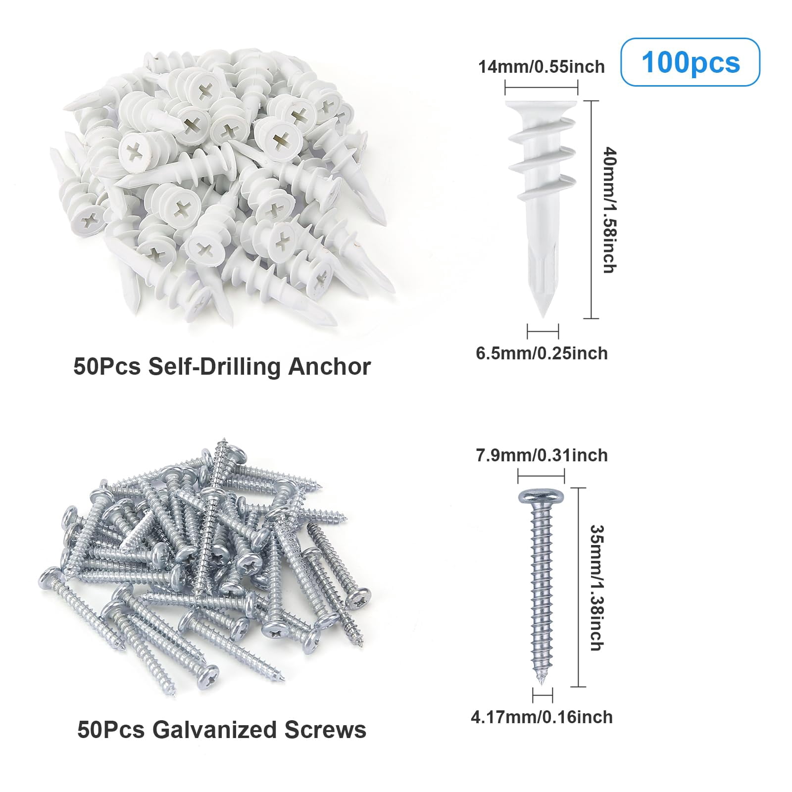 100PCS Self Drilling Drywall Anchors and Screws kit,Heavy Duty #8 x 1-1/4”Wall Anchors for Drywall Holds Upto 80lbs, No Drill Hole Required with Dry Wall Screws and Anchors,Wall Anchors for Drywall
