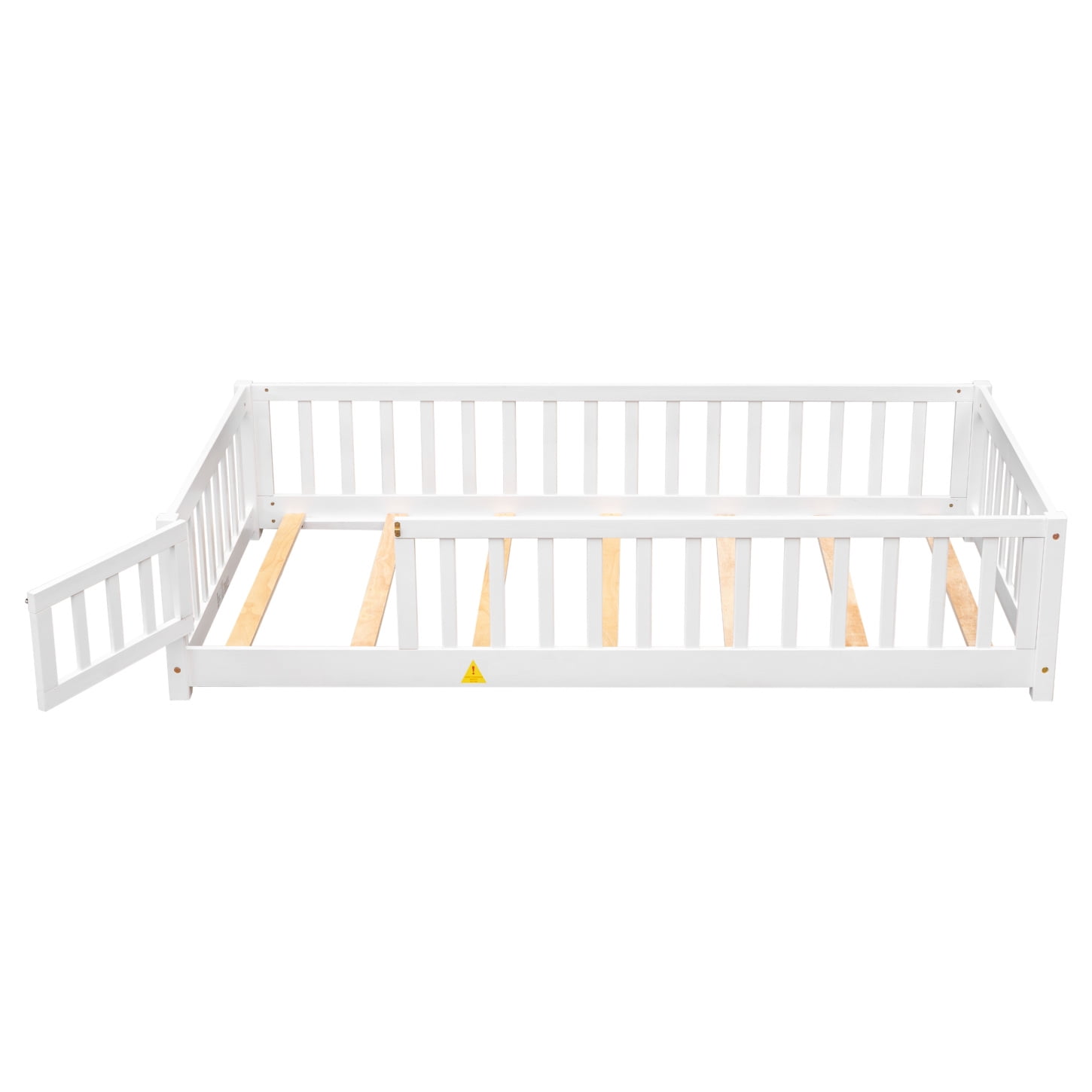 Twin Size Floor Bed, Wood Platform Bed with Fence and Door, Montessori Bed Frame with Slats Support, No Box Spring Needed,White