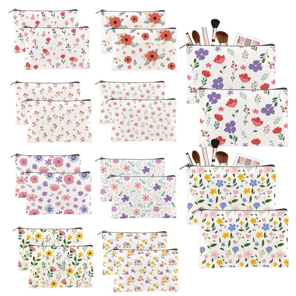 20Pcs Canvas Cosmetic Bags with Zipper, 9.06x5.91inch Flowers Makeup Bags, Multicolor Floral Bag, Polycotton Travel Toiletry Pouches for Women Party Shopping Home Accessories or Favor Gifts