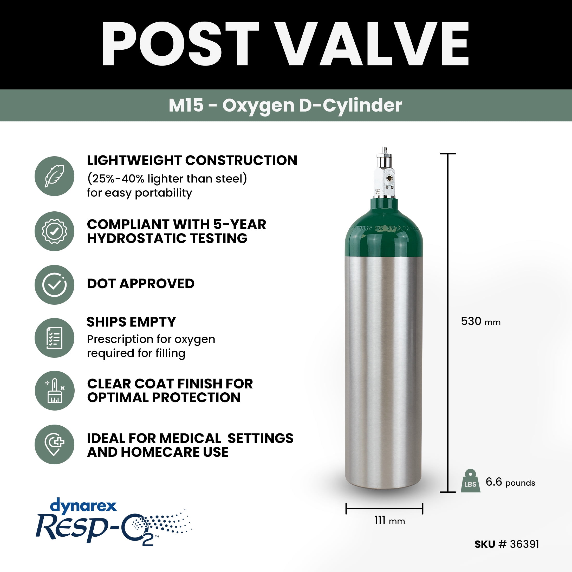Dynarex Resp-O2 M6 Oxygen B-Cylinder with CGA 870 Post Valve – 1L Standard Size Oxygen Cylinder - Lightweight Aluminum Portable Tank with 165L Oxygen Capacity