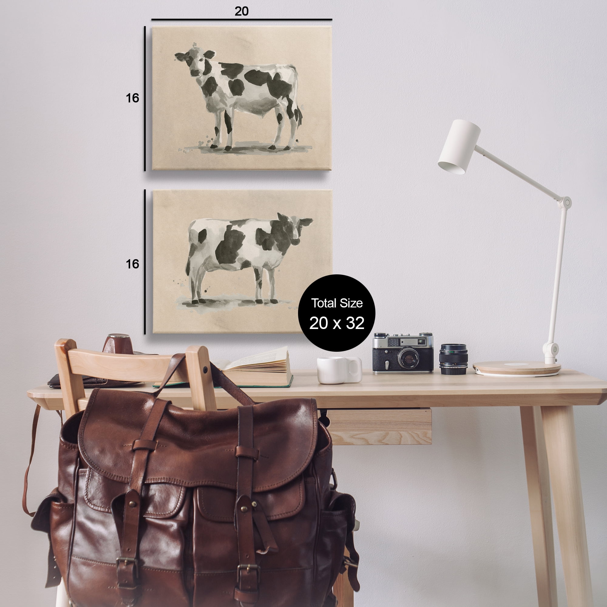 Stupell Industries Beige Holstein Cow Portrait Animals Painting Wrapped Canvas Art Print Wall Art, 20 x 16, Set of 2