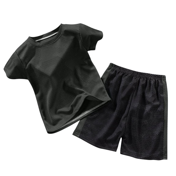Amidoa Boys Summer Athletic Outfits 2 Piece Performance CrewNeck Short Sleeve and Active Casual Short Kids Clothing Set Blue Size 4T
