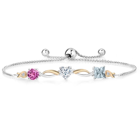Gem Stone King 925 Silver and 10K Yellow Gold Pink Created Sapphire Moissanite Sky Blue Aquamarine and Lab Grown Diamond Tennis Bracelet for Women By Keren Hanan (1.85 cttw, Adjustable up To 9 inch)