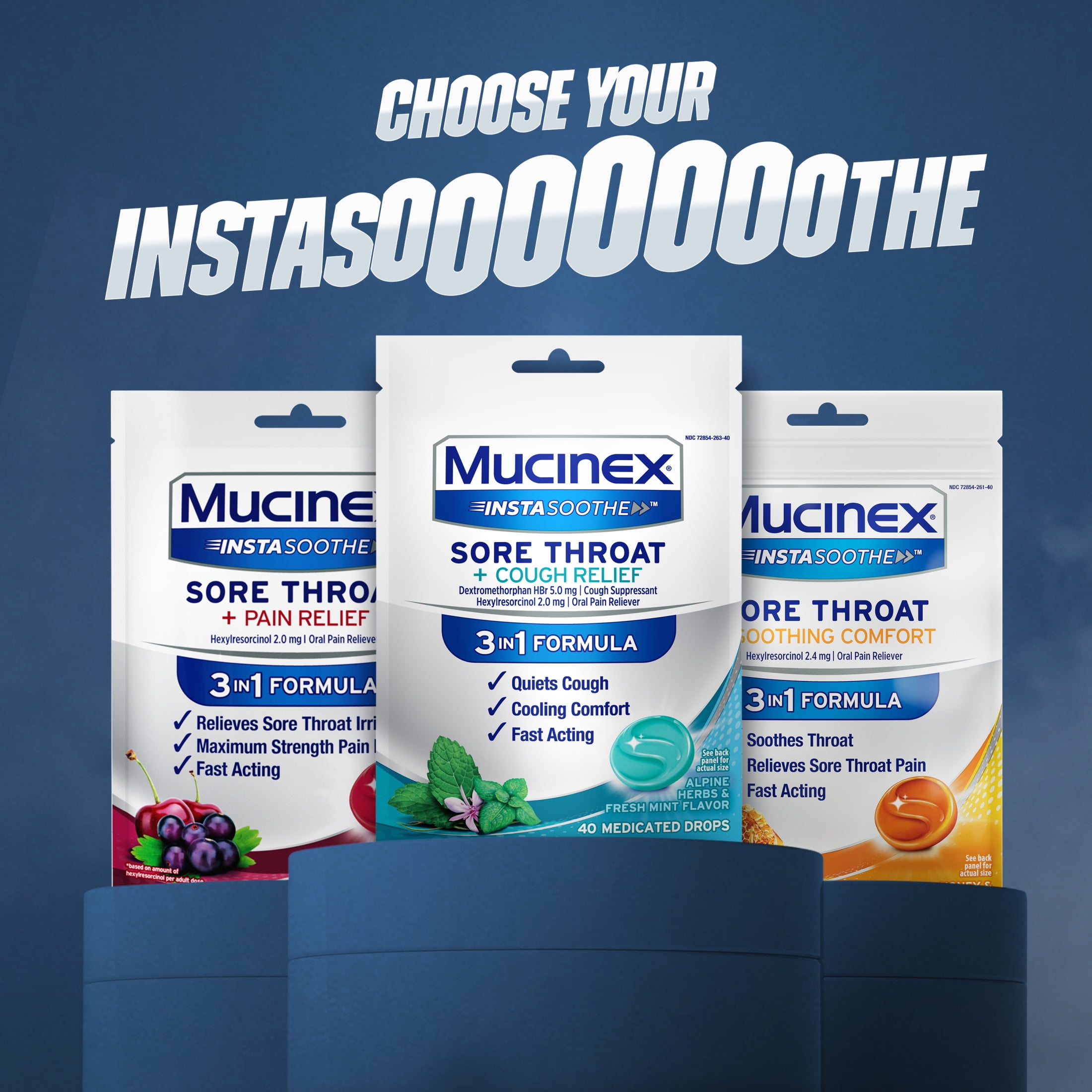 Mucinex Instasoothe Sore Throat + Cough Drops, Alpine Herbs & Fresh Mint Flavor, 40 Medicated Throat Drops