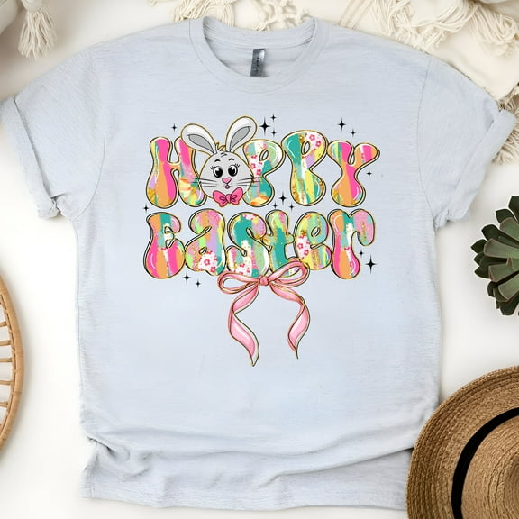 Cute Bunny Graphic T-Shirt | Happy Spring Bow Design Tee for Women, Ash, Size S