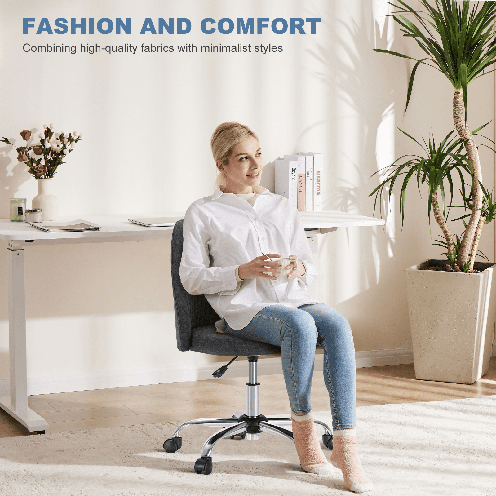 Gianna Home Office Desk Chair, Office Chairs Desk Chair Rolling Task Chair Computer Chair Adjustable with Wheels Armless for Bedroom, Vanity Chair for Makeup Room, Living Room
