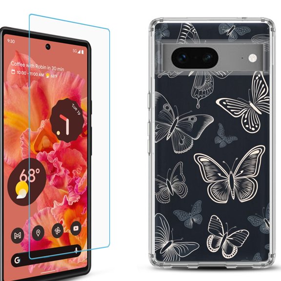 OneToughShield ® for Google Pixel 7a Shockproof Bumper Phone Case, with Tempered Glass Screen Protector - Butterfly BW