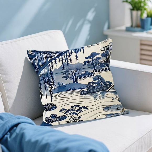 Funda de almohada de porcelana azul y blanca Serie Lino Hogar Salón Sofá Cojín decorativo Dormitorio Almohada