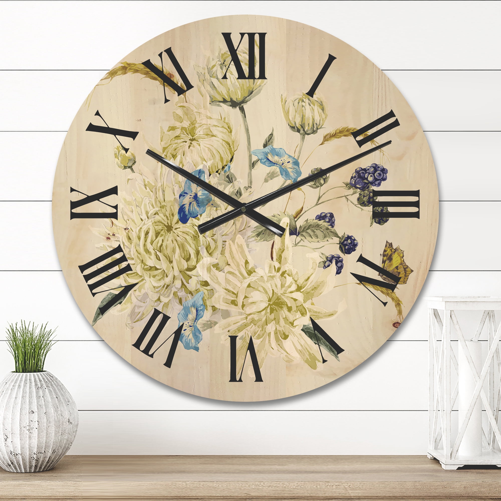 Designart 'Ancient Chrysanthemums With Bouquet II' Traditional Wood Wall Clock