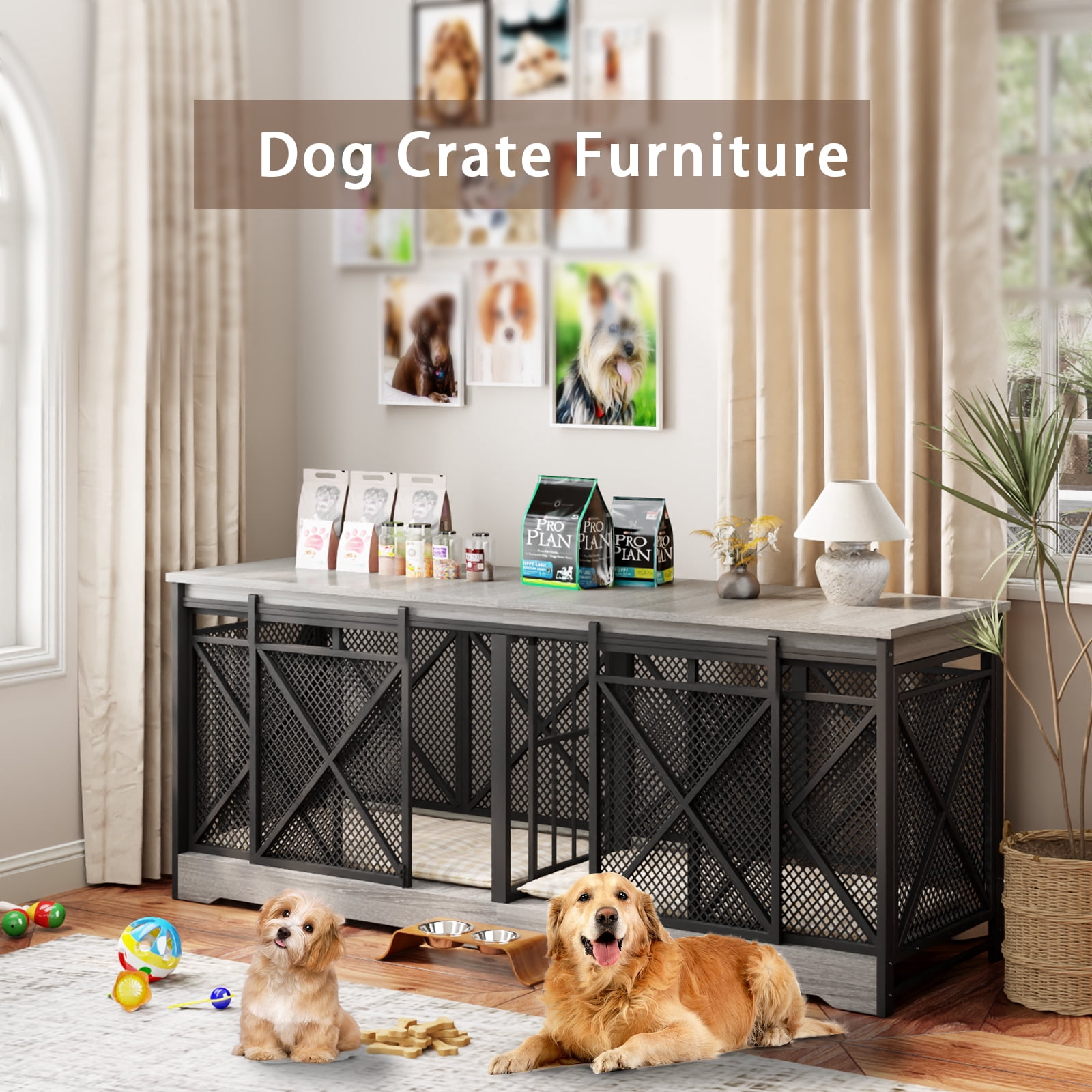 78 inch Double Dog Crate Furniture for 2 Dogs Lager Dog Wooden Crate Kennel table with Removable Divider Indoor Dog House for Small Medium Large Extra Large Size Grey