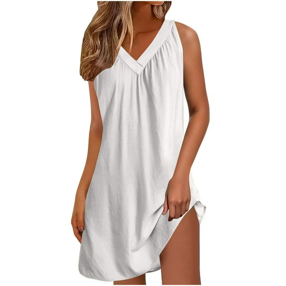 Efsteb Sleeveless Casual Summer Dresses for Women Lightweight Comfy Sleeveless Mini Night Gowns Loose Fit V Neck Tank Dress (White,M)