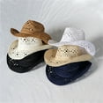 thumbnail image 2 of HEVIRGO Straw Hat Ventilated Hollow Round Collapsible Western Cowboy Beach Hat Photo Props White Straw Weaving, 2 of 7