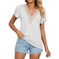 thumbnail image 1 of Camiseta informal holgada de Color puro con empalme de encaje y mangas cortas con cuello en V para mujer, 1 of 7