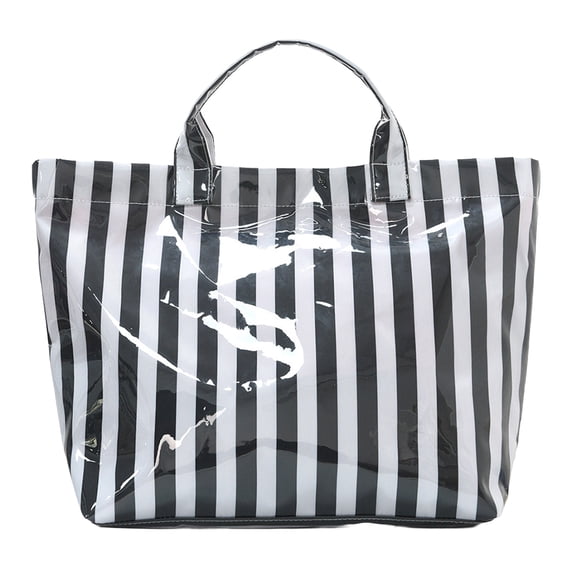 HUISZJ PVC Striped Tote Bag, Stylish Canvas Handbag, Large Capacity Portable Travel Shoulder Bag for Commuting Work Travel (Black)