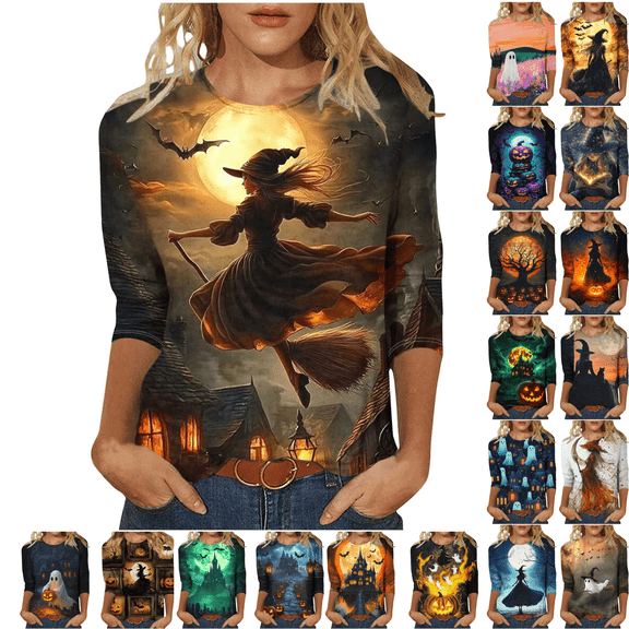 Jinhomg Halloween T-Shirts for Women 3/4 Sleeve Funny Witch Graphic Tee Shirts Loose Fit Crewneck Daily Shirt Thanksgiving Tops Ladies Holiday Party Gifts Multicolor,L