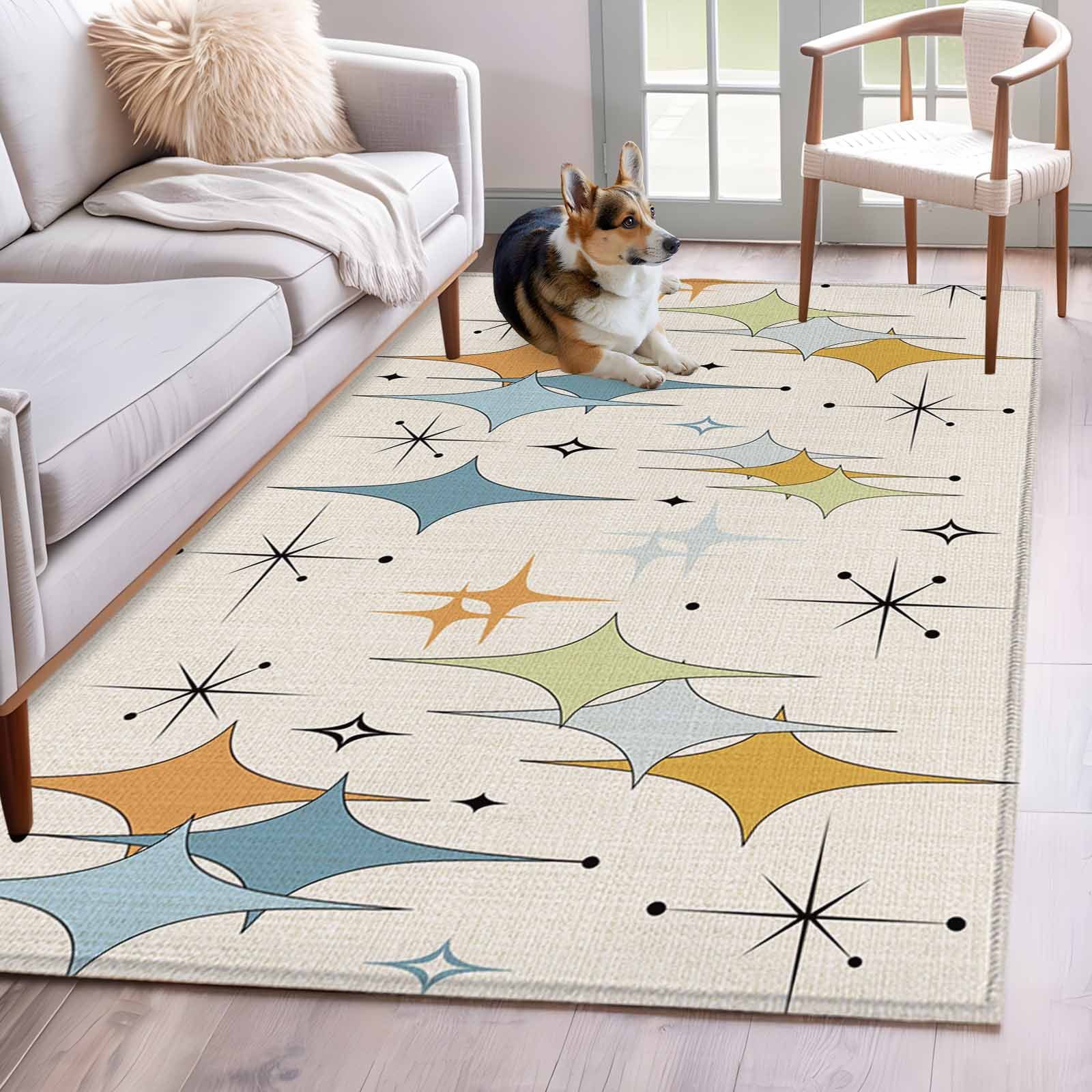 Rectangle Area Rug 4x6ft Blue Yellow Geometric Bohemian Non-Shedding Washable Area Rug Mid Century Star Rhombus Non Slip Low-Profile Rugs for Living Room Bedroom Dining Room