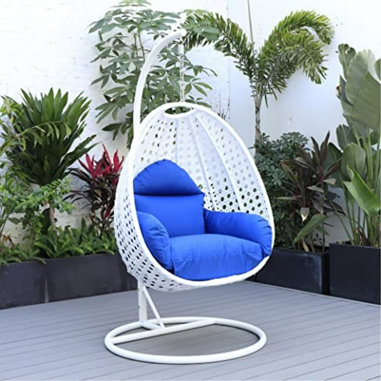 LeisureMod Wicker 2 Person Hanging Egg Swing Chair With Cushion Indoor  Outdoor Use in Charcoal Blue 