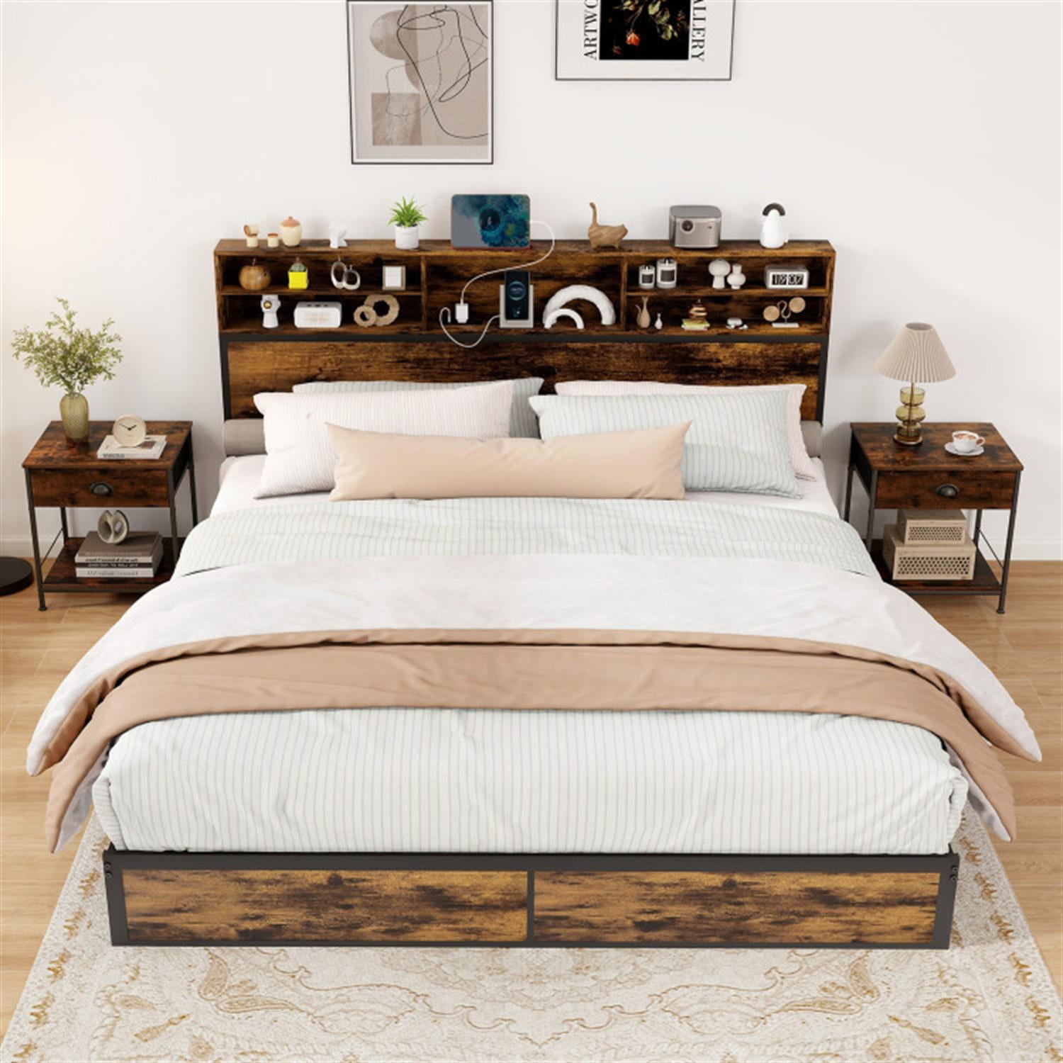 Demi Bonn King Size Bed Frame with Wooden Headboard and Footboard, Industrial Metal Platform Bed Frame with Under Bed Storage, No Box Spring Needed, Brown
