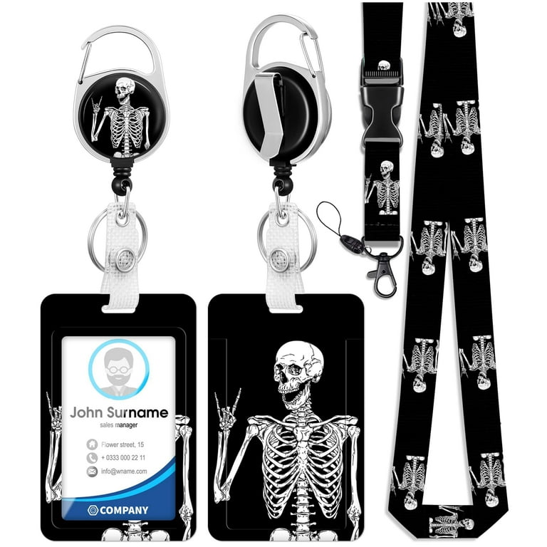 ID Badge Holder with Lanyard and Retractable Badge Reel Clip, Halloween  Funny Horror Skeleton Card Name Tag Lanyard Vertical ID Protector Bage  Clips