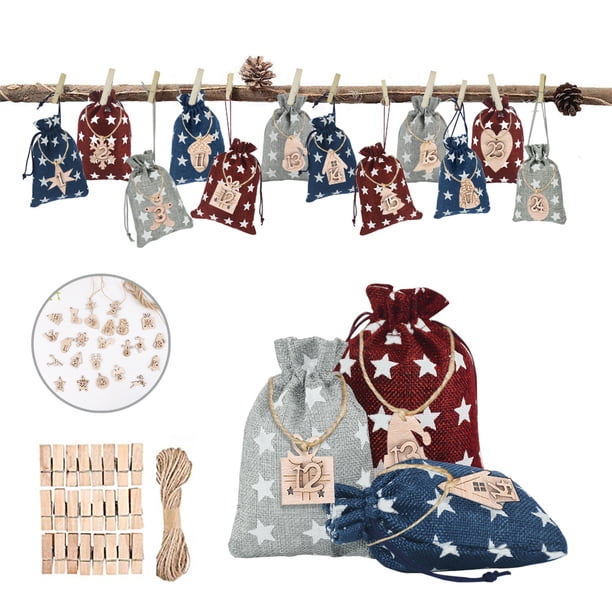 Bolsas de regalo para calendario de adviento Calendario de cuenta regresiva DIY Bolsas de Navidad con cordón Bolsas de regalo colgantes de 24 días para decoraciones navideñas Tablero de madera