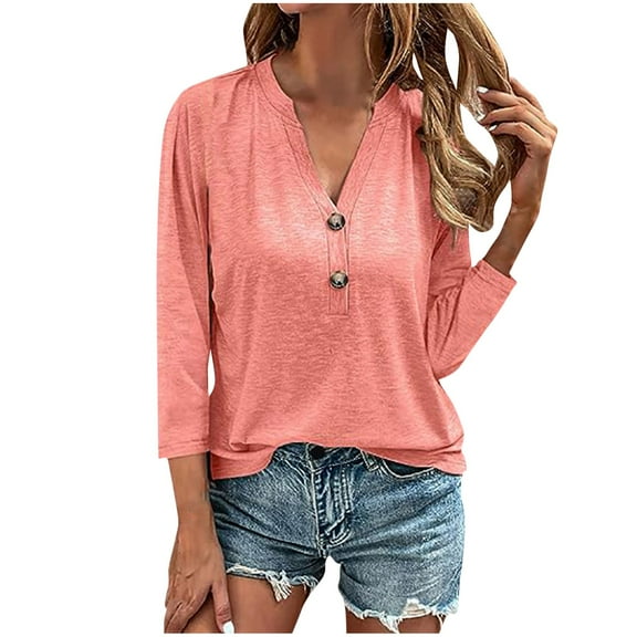 WREESH Womens Fashion Slim T-Shirts V Neck Solid Color Pullover Button Henley Long Sleeve Tops Button Casual T-Shirt Top Shirt Blouse Pink
