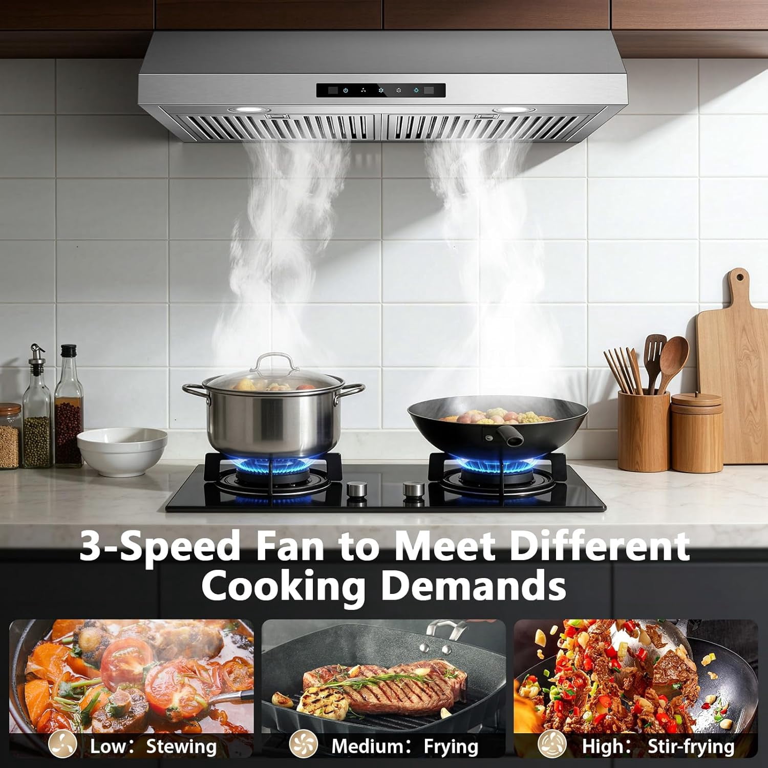 Range Hood 30 inch Under Cabinet, 800 CFM Stainless Steel Range Hood with Gesture and Touch Control, kitchen hood with Carbon Filter, 3 Fan Speed, Ducted/Ductless Convertible