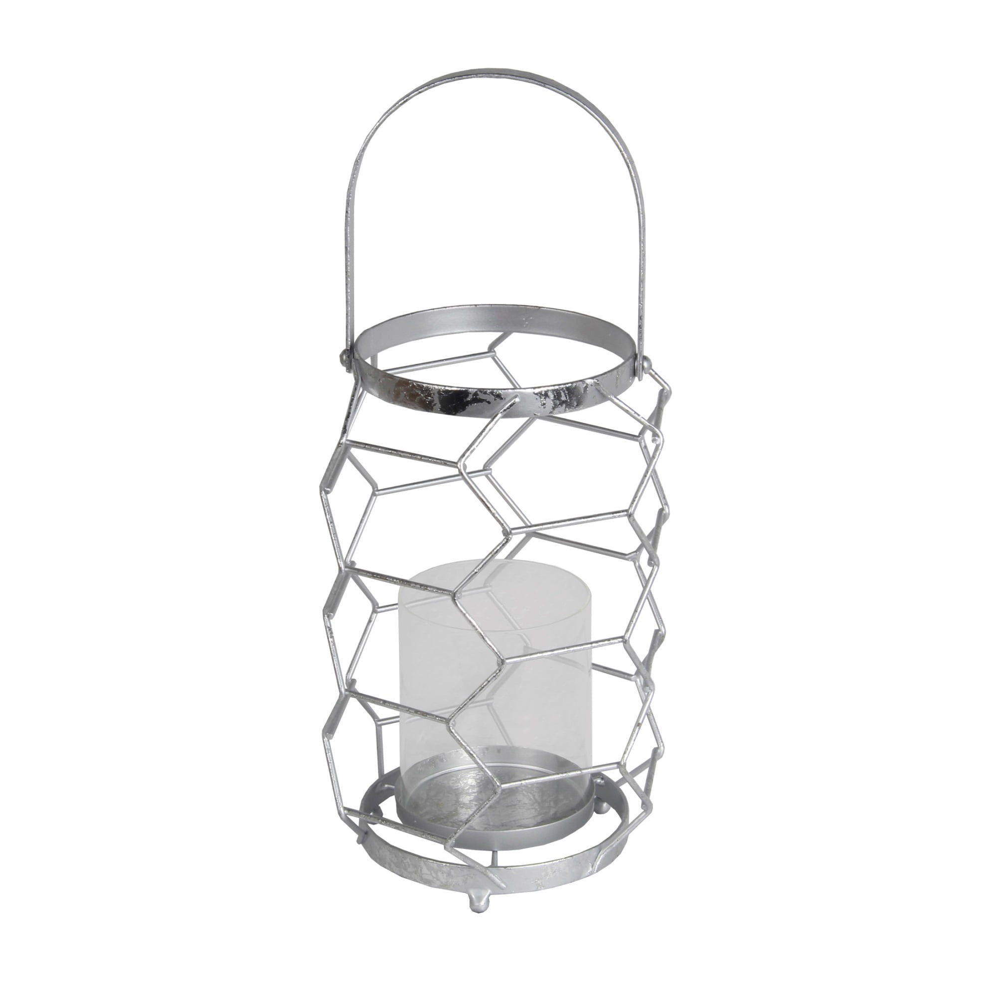 Geometric Metal Wire Candle Holder with Glass Hurricane, Small, Silver