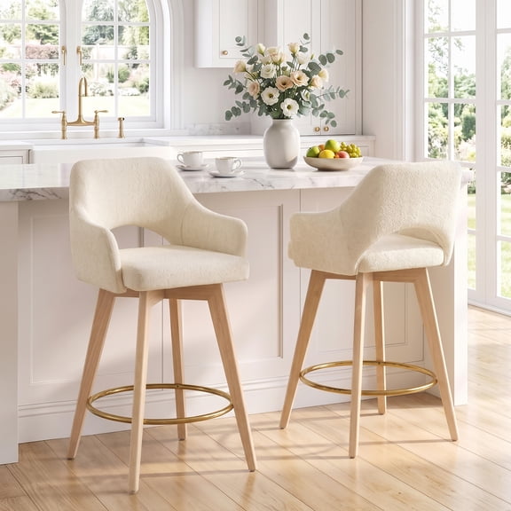 Zesthouse 26.8″ Swivel Counter Height Bar Stools Set of 2, Upholstered Linen Bar Stools with Back and Wood Legs, Mid Century Modern Barstool Island Chairs for Kitchen Counter, Beige