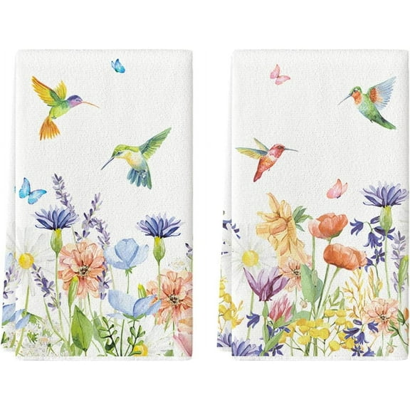 SOME THING Anemone Flower Hummingbird Kitchen Towels Dish Towels, 18x26 Inch Seasonal Spring Summer Wild Floral Holiday Decoration Hand Towels Set of 2