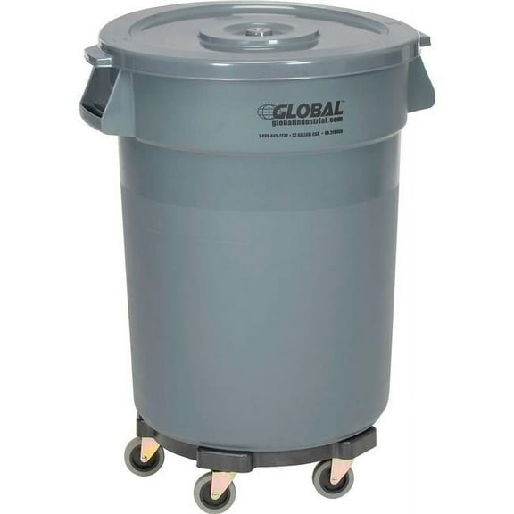 Global Industrial  Plastic Trash Can with Lid & Dolly - 32 gal - Gray