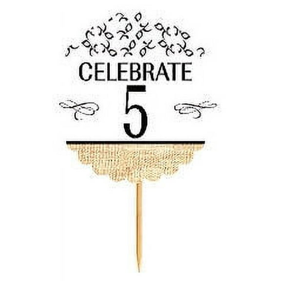 5th Birthday / Anniversary Novelty Burlap Cupcake Decoration Picks -12pack