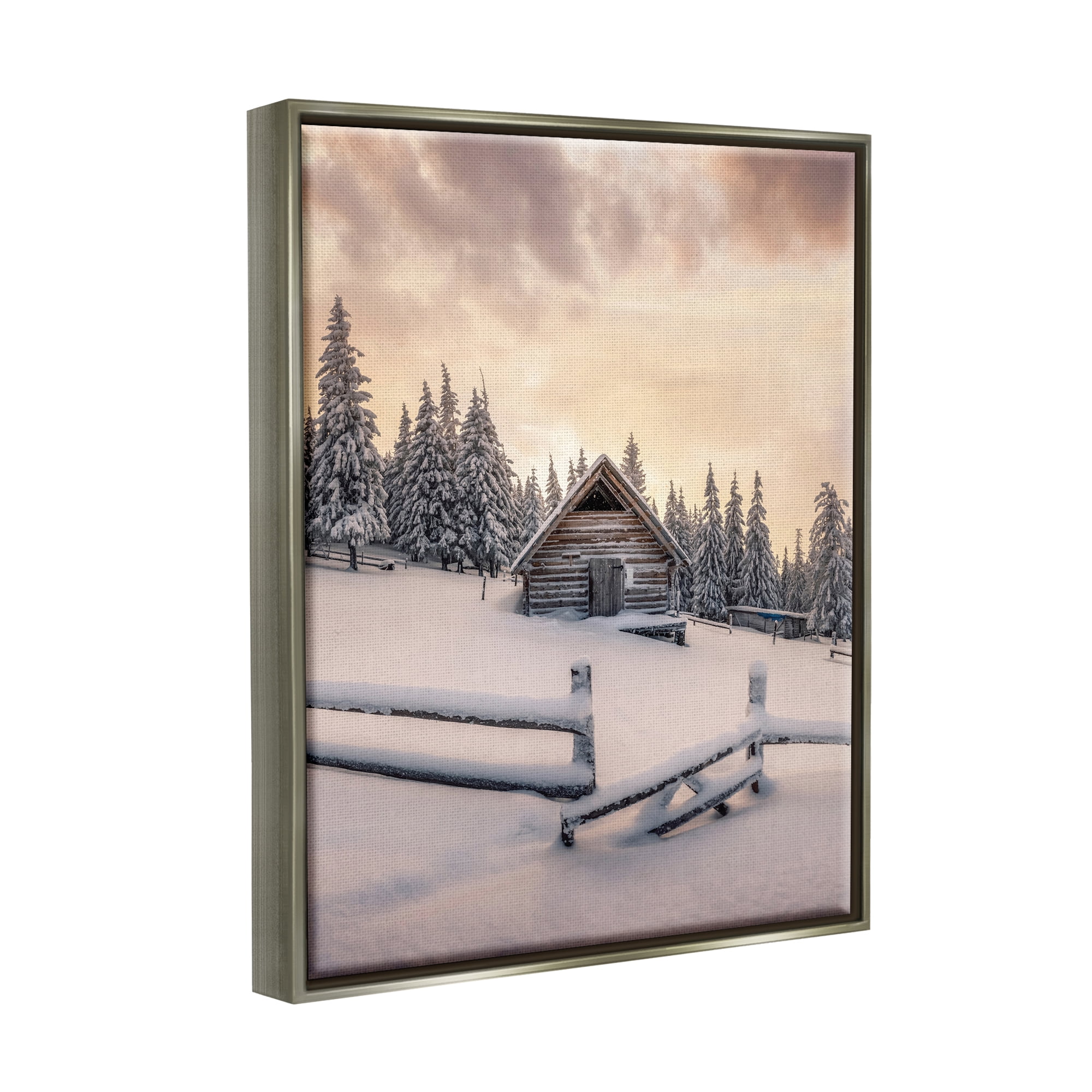 Stupell Industries Rural Winter Cabin Landscape Photography Gray Floater Framed Canvas Art Print Wall Art, 25 x 31