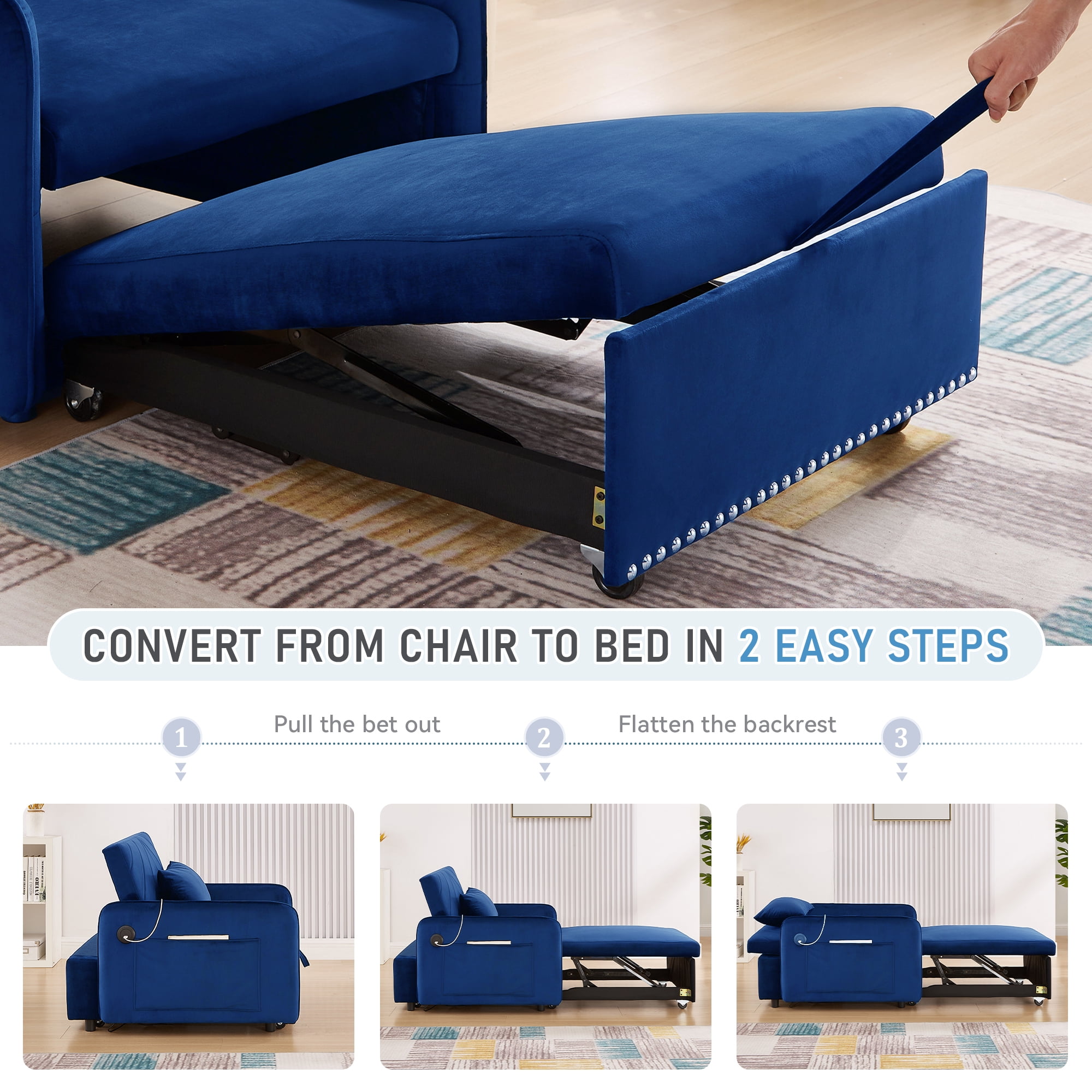 Lunale 3-in-1 Convertible Sleeper Chair Bed, Indoor Lounge Chair with USB/Type-C, Blue Velvet
