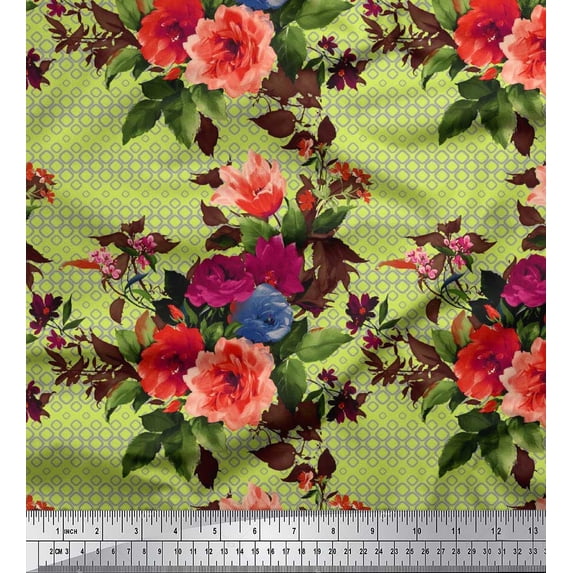 Soimoi Cotton Voile Fabric Geometric,Leaves & Peony Floral Printed Fabric 1 Yard 42 Inch Wide