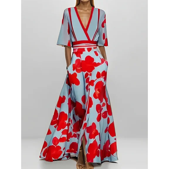 OYYN Maxi Wedding Guest Dresses for Women Short Sleeve Deep V Neck Formal Dresses Thigh Slit Red Corset Dress