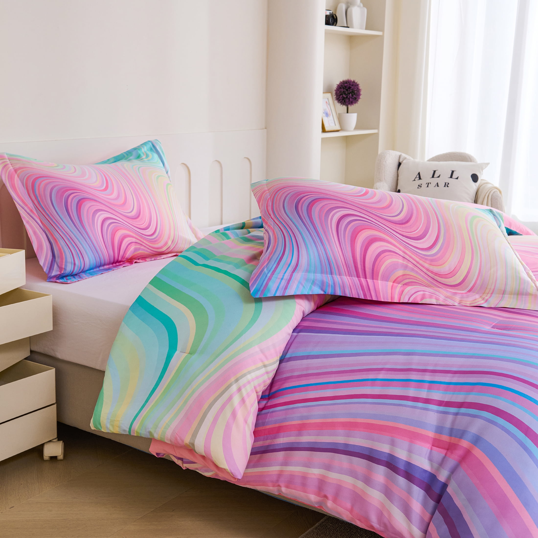Koniroom 3-Piece Girls Pastel Swirl Rainbow Comforter Set Full Size, Blue Pink Purple, Kids Bedding Set
