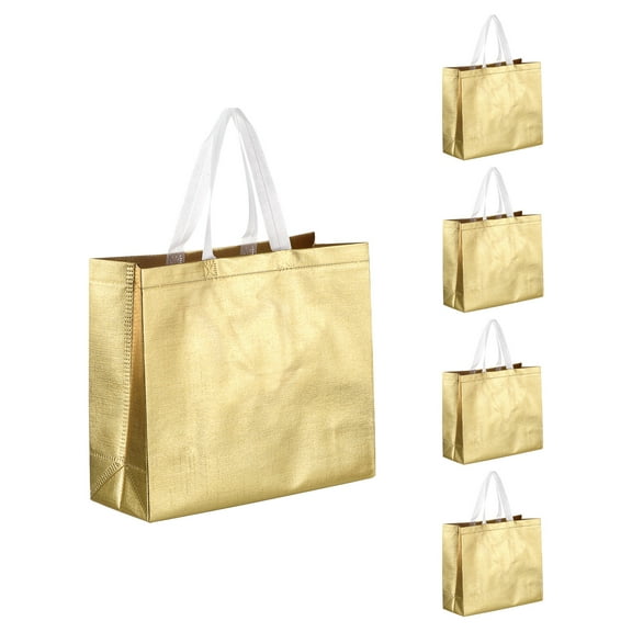 12pcs Reusable Gift Bags, Gold Tote Glossy Grocery Shopping Bag for Birthday Party - 15.7"x11.8"x3.9"