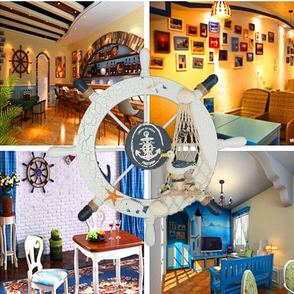 NICEXMAS Nautical Beach Wheel Wooden Ship Steering Wall Decor Multi Bird Boat Fish Nicexmas