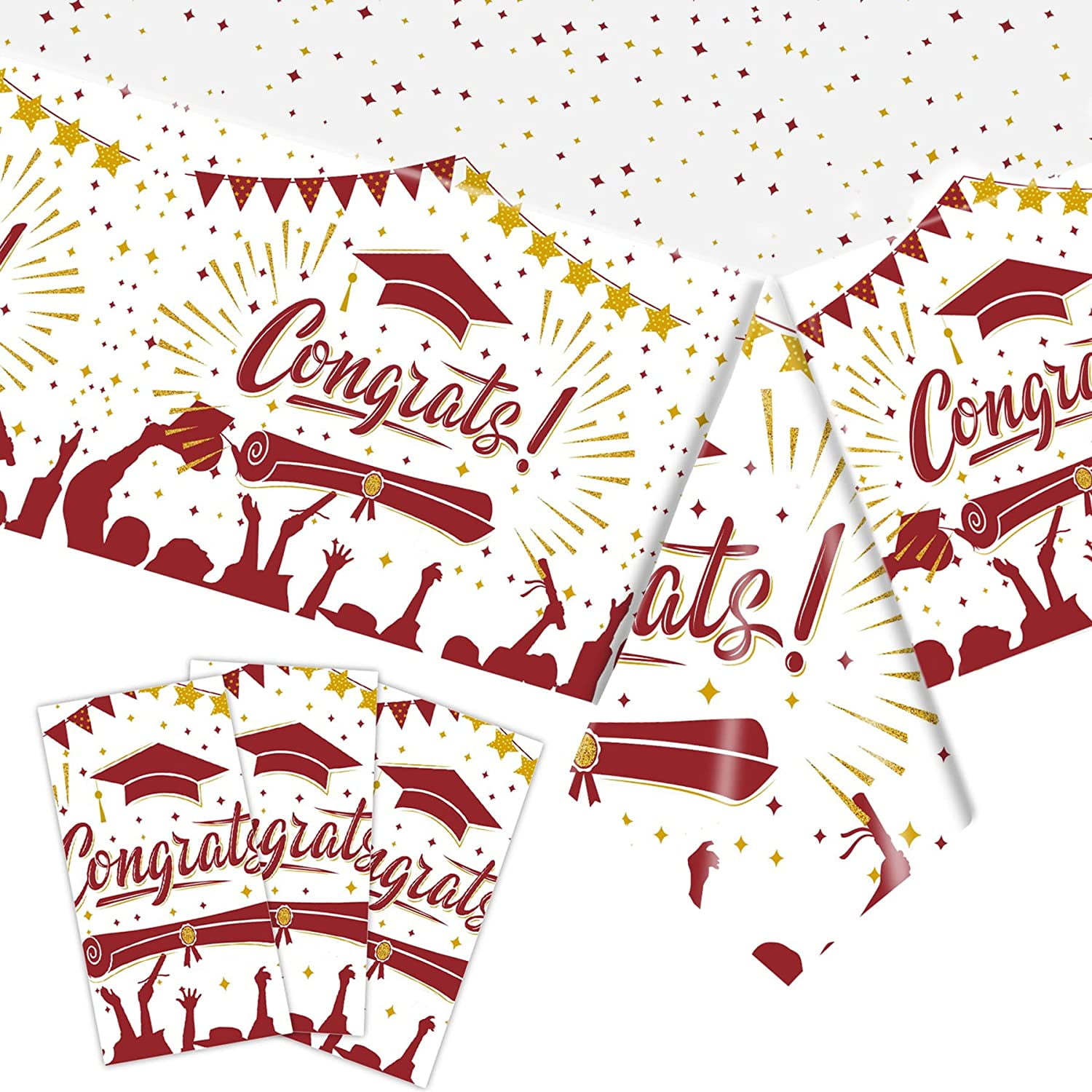 3Pack Congrats Grad Graduation Tablecloths, Maroon Gold Plastic Table