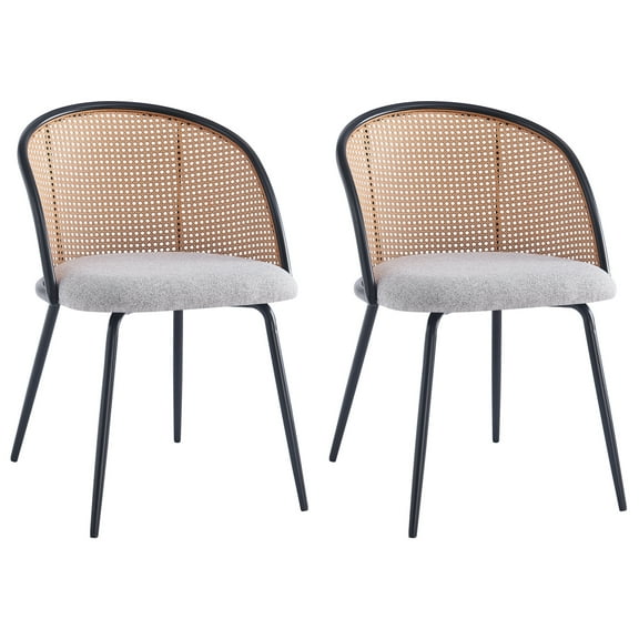 Set of 2 Metal Dining Chairs with Cane Backs and Gray Fabric Seats Modern Design Style Dining Room