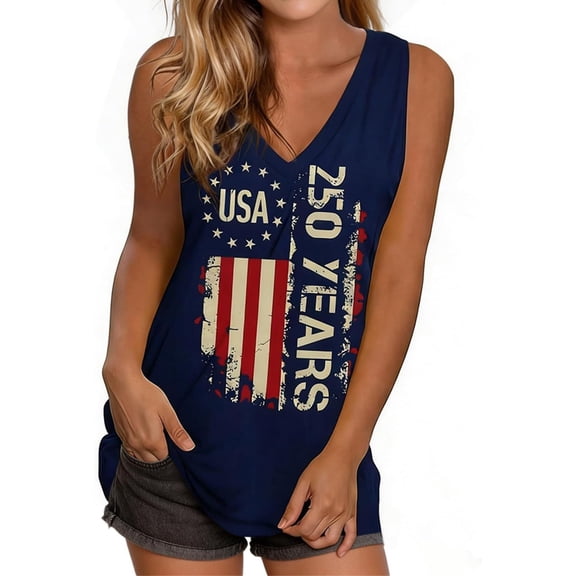 IDOCLOTHES 4th of July Tank Tops for Women 250th Anniversary USA Shirt America 250 Years V Neck Sleeveless Tops Patriotic Shirts for Women Tanks Dark Blue, L